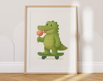 Lámina decorativa imprimible de cocodrilo en monopatín para pared, póster infantil de cocodrilo adorable para la habitación de los niños.
