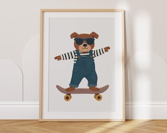 Dog on Skateboard Wall Art, Cool Puppy Printable, Whimsical Nursery Decor, Kids Room Poster