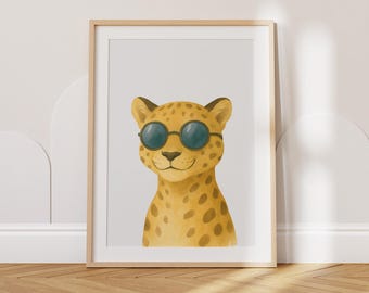 Leopard Wandkunst, Kinderzimmer Dekor, Dschungel Kinderzimmer druckbare, Safari-Tier Poster, Gepard mit Sonnenbrille Digitale Kunst, Spielzimmer Wanddekoration