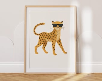 Cooles Geparden Wandbild Digitales Poster - Dschungeltier Kinderzimmer Dekor für Kinderzimmer, Safari Spielzimmer, Kinderzimmer druckbar, schrullige Tierkunst