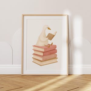 Reading Goose Wall Art – Whimsical Animal Poster, Book Lover Decor, Nursery Printable, Cozy Farmhouse Illustration for Kids & Study Rooms