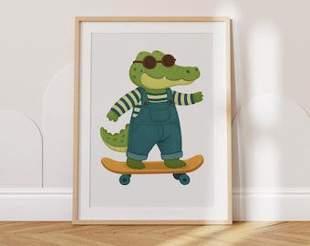 Lámina decorativa de cocodrilo en monopatín para la habitación de los niños, lámina infantil con temática de reptiles, descarga digital.