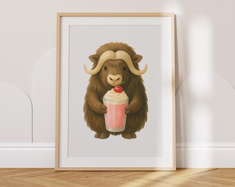 Highland Cow Milkshake Poster, Cute Cow Wall Art for Kids Room, Farm Nursery Decor, Funny Animal Printable, Playroom Art