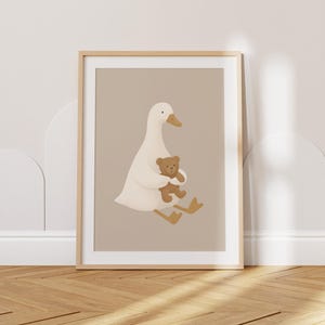 Cute Goose and Teddy Bear Wall Art Print – Nursery Animal Poster for Kids Room, Neutral Baby Room Decor, Adorable Duck Artwork for Children