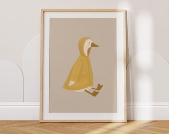 Goose Nursery Wall Art, Whimsical Animal Print, Storybook Nursery Decor, Duck in Raincoat Poster, Neutral Kids Room Art, Digital Download