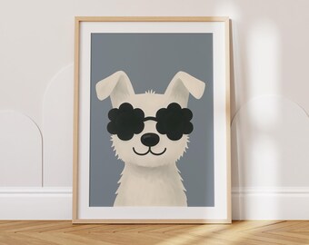 Weißer Hund mit Blumen Sonnenbrillen Poster, Verspielter Welpe Wandkunst für Kinderzimmer, Kinderzimmer Dekor, Skandinavischer Tierdruck, Süßer Hundeposter