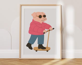 Cool Pig Wall Art Print, Cute Pig on Scooter Poster in Sunglasses, Animal Nursery Decor, Kids Room Wall Art, Playroom Animal Illustration