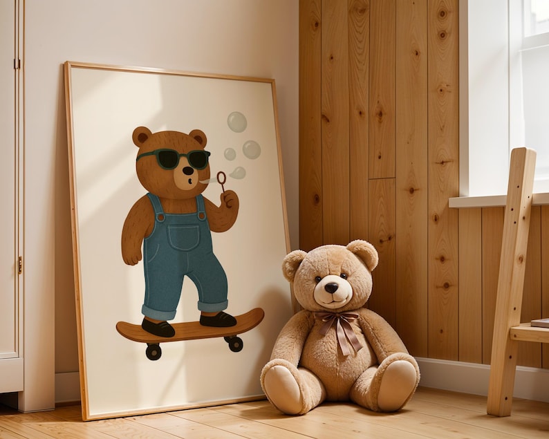 Skateboarding bear nursery wall art digital print displayed in wooden frame next to teddy bear toy - cool bear poster with sunglasses and overalls on skateboard - modern Scandinavian style kids room decor - downloadable children's wall art print for nursery bedroom - cute animal illustration poster instant download - bear skateboard art for boys girls playroom - minimalist nursery decor wooden frame styling - printable kids poster bear theme - digital wall art nursery interior design inspiration