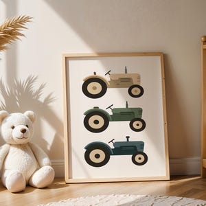 Retro tractor illustration print featuring three charming old-fashioned tractors arranged vertically in earthy tones. A perfect digital download for farm nursery decor, kids' vehicle-themed rooms, or rustic farmhouse interiors. The muted palette and simple Scandinavian design create a timeless look ideal for boys’ rooms, toddler play spaces, and country-style wall art. Great for printable home decor and tractor enthusiasts.