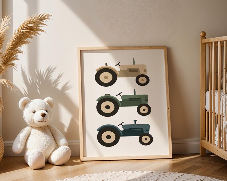 Retro tractor illustration print featuring three charming old-fashioned tractors arranged vertically in earthy tones. A perfect digital download for farm nursery decor, kids' vehicle-themed rooms, or rustic farmhouse interiors. The muted palette and simple Scandinavian design create a timeless look ideal for boys’ rooms, toddler play spaces, and country-style wall art. Great for printable home decor and tractor enthusiasts.