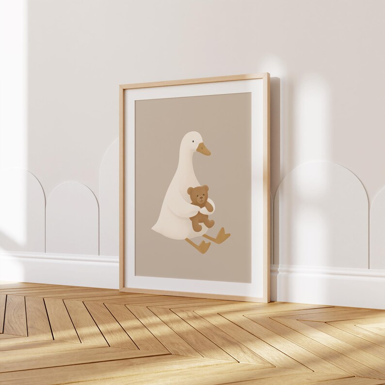 Cute Goose and Teddy Bear Wall Art Print – Nursery Animal Poster for ...