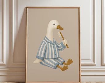 Silly Goose Bathroom Art, Goose Brushing Teeth Print, Kids Bathroom Wall Art, Cute Goose Poster, Toddler Bathroom Decor