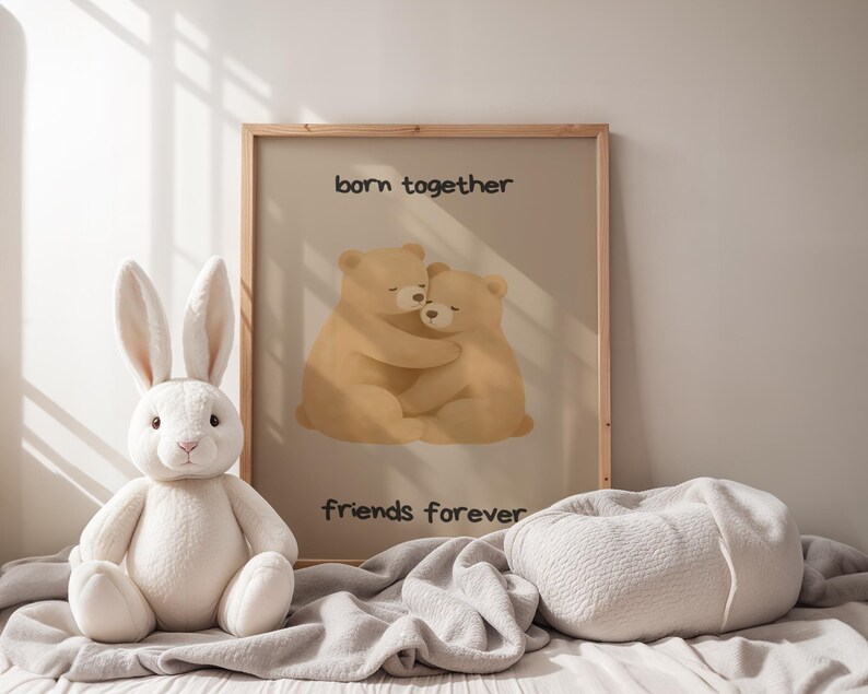 Twin Bear Hug Nursery Poster, Born Together Friends Forever Wall Art ...