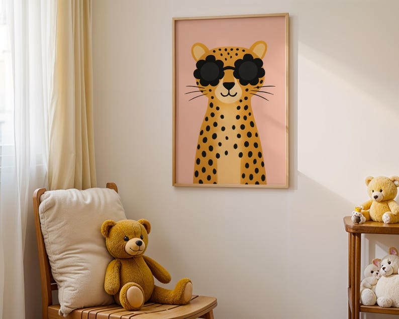 Minimalist nursery wall art - cool leopard with sunglasses print in simple wooden frame, clean modern kids room decor, Scandinavian style animal poster for children's bedroom, neutral nursery artwork with pink background, contemporary baby room wall hanging, simple nursery design with teddy bears, modern animal illustration for toddler room, gender neutral nursery prints, clean aesthetic kids decor, minimalist baby room art, wooden chair nursery furniture styling, bright children's room poster.
