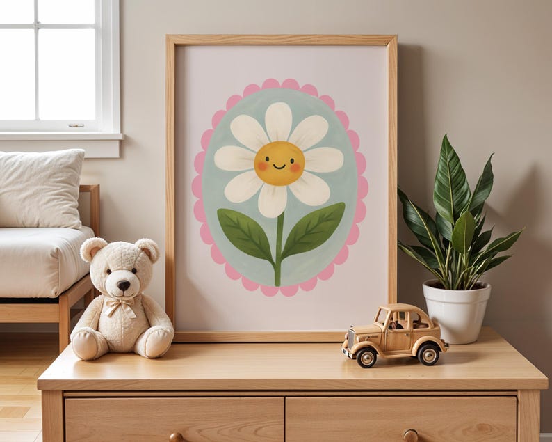 Cute Smiling Daisy Flower Nursery Wall Art Print, Whimsical Floral ...
