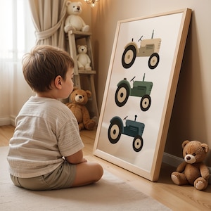 Toddler boy gazing at vintage tractor art print in cozy bedroom with teddy bears, farm themed nursery decor boys love, three tractors in neutral beige green blue earth tones, captivating vehicle illustration for little farmers, wooden framed farmhouse kids room wall art, warm inviting toddler space with stuffed animals, transportation poster that captures children's attention, rustic country style boys bedroom decoration, minimalist tractor artwork for playroom, charming nursery print.