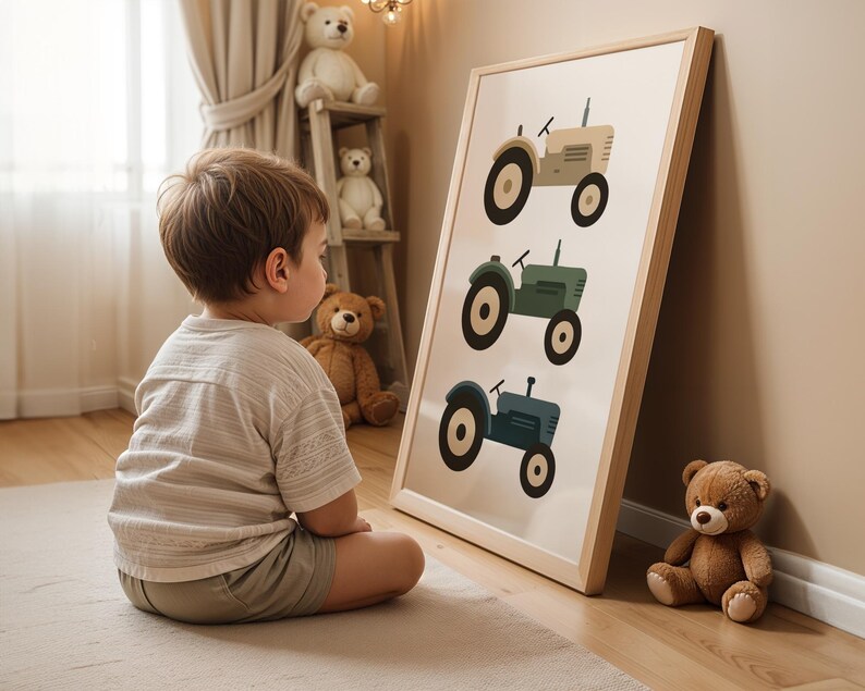 Toddler boy gazing at vintage tractor art print in cozy bedroom with teddy bears, farm themed nursery decor boys love, three tractors in neutral beige green blue earth tones, captivating vehicle illustration for little farmers, wooden framed farmhouse kids room wall art, warm inviting toddler space with stuffed animals, transportation poster that captures children's attention, rustic country style boys bedroom decoration, minimalist tractor artwork for playroom, charming nursery print.