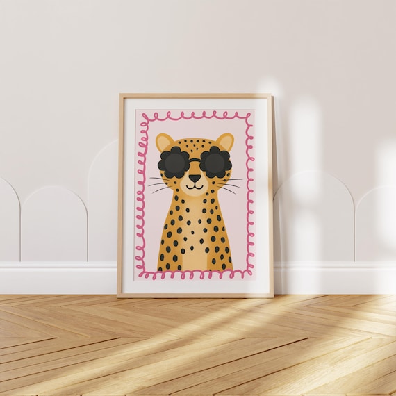 Cool Cheetah Wall Art, Flower sunglasses Animal Art, Pink Girl Nursery Print, Dopamine Poster, Minimalist Animal Decor for Kids & Toddler