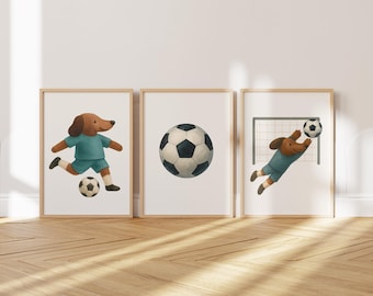 Ensemble d'art mural numérique football chien, décoration de sport pour enfants, impressions football pour chambre d'enfant, art mural animaux de la salle de jeux, lot d'affiches de football mignon pour enfants