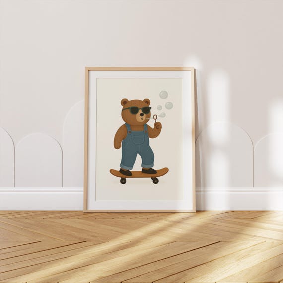 Cute Bear on Skateboard Wall Art, Nursery Printable, Kids Room Decor, Playroom Poster, Bubble Blowing Bear, Quirky Animal Wall Art
