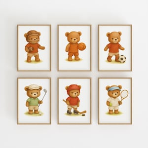 Sports Nursery Wall Art Set of 6, Digital Teddy Bear Prints, Boys & Girls Room Decor, Sports Themed Nursery Posters for kids and toddlers