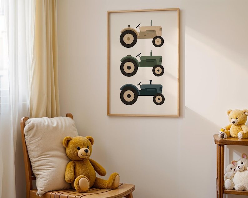 Vintage tractor wall art hanging above cozy reading nook with armchair and teddy bears, farm themed toddler boy nursery decor, three tractors in neutral beige green blue palette, rustic farmhouse kids bedroom wall hanging, soft cream nursery with warm sunlight aesthetic, minimalist vehicle poster in natural wood frame, charming reading corner decoration for little ones, country style transportation artwork for boys room, calm serene children's space design, scandi farm nursery inspiration.