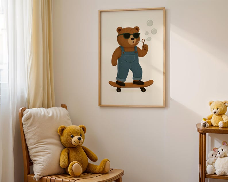 Skateboarding bear nursery wall art printable in cozy reading nook with wooden chair and teddy bears – cute bear with sunglasses, overalls, and bubbles on skateboard – digital download animal poster for kids room, baby nursery, or playroom – gender-neutral bear wall art in warm neutral tones – modern children’s decor for boys or girls – instant download framed artwork – woodland nursery interior design – bear illustration for boho toddler bedroom styling.