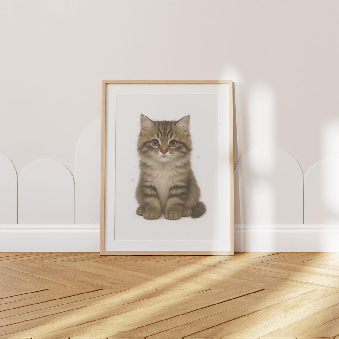 Siberian Kitten Digital Poster, Fluffy Tabby Cat Wall Art for Nursery ...