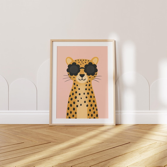Cool Cheetah Wall Art, Flower sunglasses Animal Art, Pink Girl Nursery Print, Dopamine Poster, Minimalist Animal Decor for Kids & Toddler