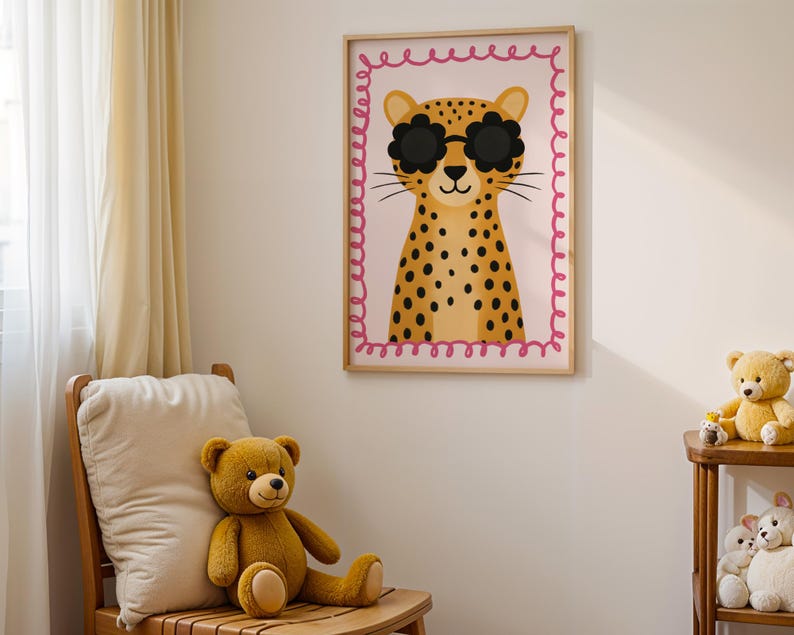 Pink cheetah nursery wall art with flower sunglasses perfect for baby girl room decor - adorable leopard print with pink scalloped border ideal for little girl bedroom, feminine nursery design, pink themed children's room, girly animal wall art, baby girl nursery prints, toddler girl bedroom decor, pink and yellow nursery color scheme, cute girl room accessories, feminine kids wall decor, baby girl shower gift, pink nursery wall gallery, girly safari theme, sweet girl bedroom art, pink decor.