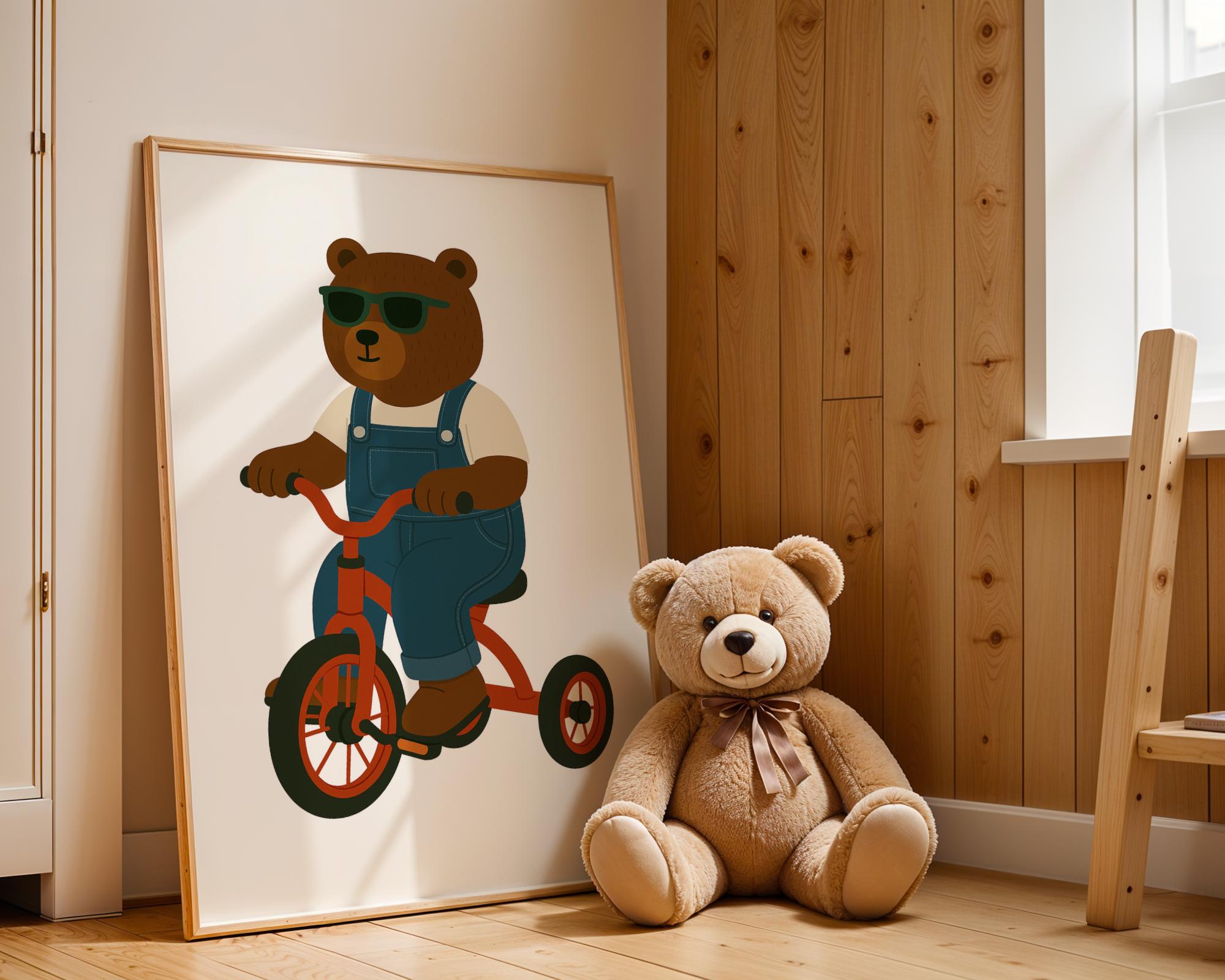 Teddy Bear on Tricycle Nursery Print, Retro Animal Wall Art for