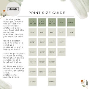 Printable wall art size guide by Deovio Digital Studio showing print ratios 2:3, 3:4, 4:5, A3, and 11x14 with popular dimensions like 4x6, 8x10, 16x20, and more. Helps customers choose the correct file size for home printing, online services, or local print shops. Includes high-resolution 300 DPI JPG file details.