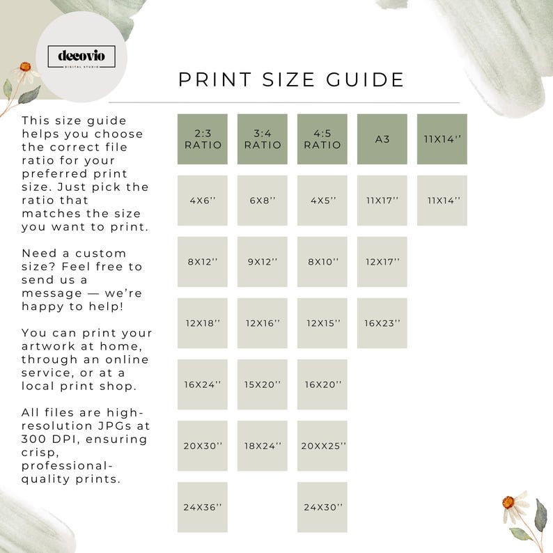 Printable wall art size guide by Deovio Digital Studio showing print ratios 2:3, 3:4, 4:5, A3, and 11x14 with popular dimensions like 4x6, 8x10, 16x20, and more. Helps customers choose the correct file size for home printing, online services, or local print shops. Includes high-resolution 300 DPI JPG file details.