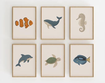 Ocean Animal Nursery Wall Art Set of 6, Sea Life Printable Posters, Coastal Kids Room Decor, Whale Dolphin Turtle Digital Download