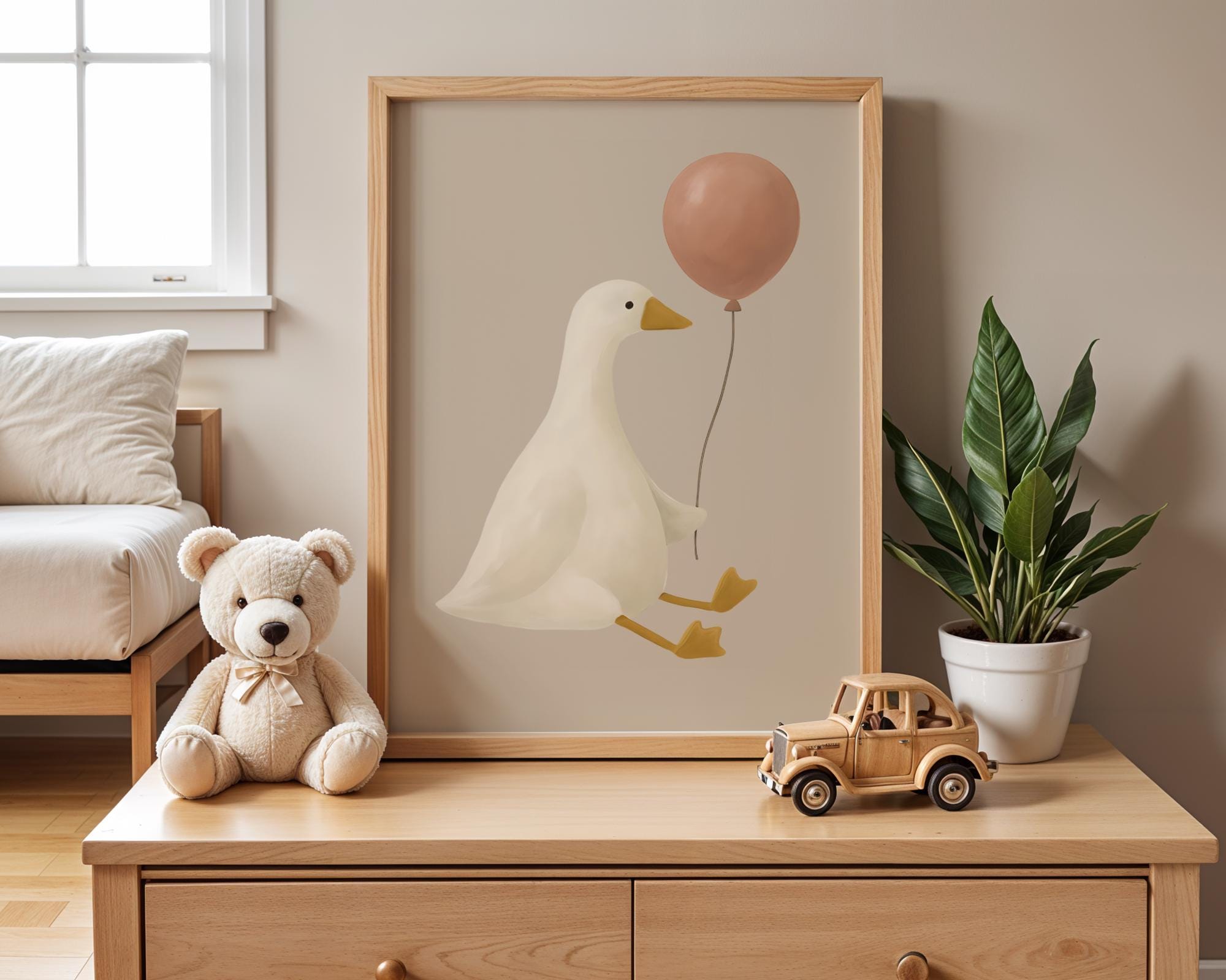 Cute Goose With Balloon Wall Art Print – Nursery Animal Poster for Kids ...