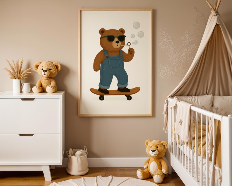 Cute skateboarding bear nursery wall art printable – cool bear with sunglasses riding skateboard in denim overalls – digital download poster for baby room, toddler boy bedroom, or gender-neutral nursery – modern minimalist kids wall decor with wooden frame – woodland animal theme nursery art – beige neutral interior baby decor – instant download bear illustration – Scandinavian style nursery print – adorable digital bear poster for children’s room styling.