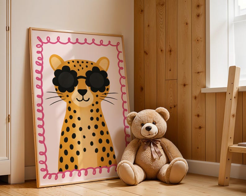 Cute cheetah wall art with flower sunglasses in rustic wooden nursery - adorable leopard print with pink border perfect for natural wood children's room decor, farmhouse style baby nursery, cabin themed kids bedroom, rustic nursery wall art, woodland animal decor, cozy baby room design, Scandinavian nursery style, natural wood paneling nursery, country cottage kids decor, rustic children's art print, wooden nursery furniture styling, warm neutral baby room, natural materials nursery design.