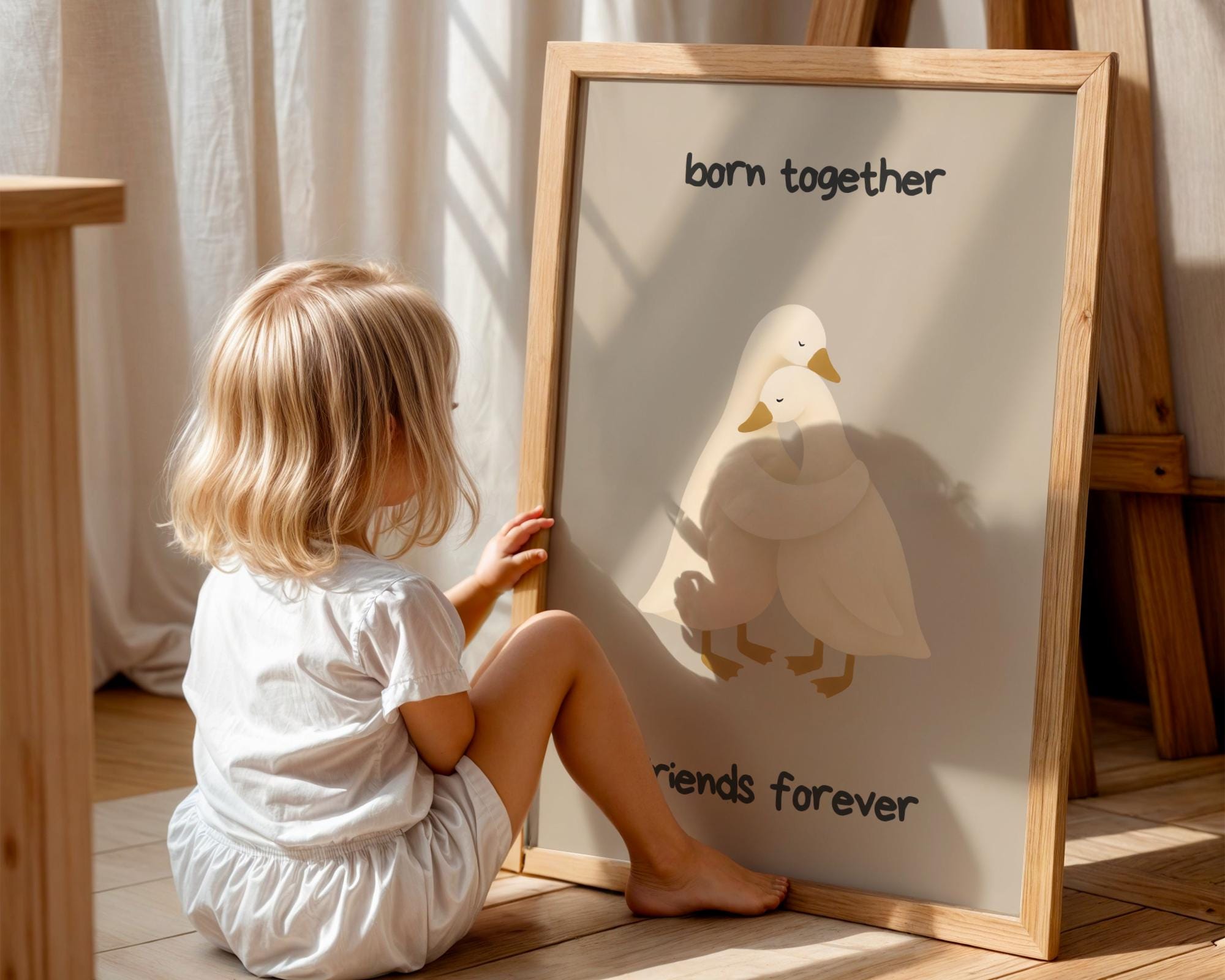 Twin Geese Hug Art Print – “born Together Friends Forever” Poster, Cute ...