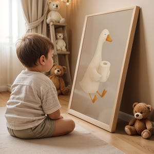 Funny goose toilet paper print for kids bathroom, humorous potty training wall art, playful children's bathroom decor, toddler engaging with bathroom humor art, whimsical goose carrying toilet paper illustration, gender neutral potty training encouragement, Montessori friendly bathroom decor, oversized funny bathroom print for children, cute animal toilet humor poster, farmhouse style kids bathroom art, educational potty training wall decor, child height bathroom humor art.