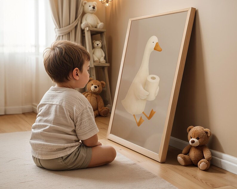 Funny goose toilet paper print for kids bathroom, humorous potty training wall art, playful children's bathroom decor, toddler engaging with bathroom humor art, whimsical goose carrying toilet paper illustration, gender neutral potty training encouragement, Montessori friendly bathroom decor, oversized funny bathroom print for children, cute animal toilet humor poster, farmhouse style kids bathroom art, educational potty training wall decor, child height bathroom humor art.