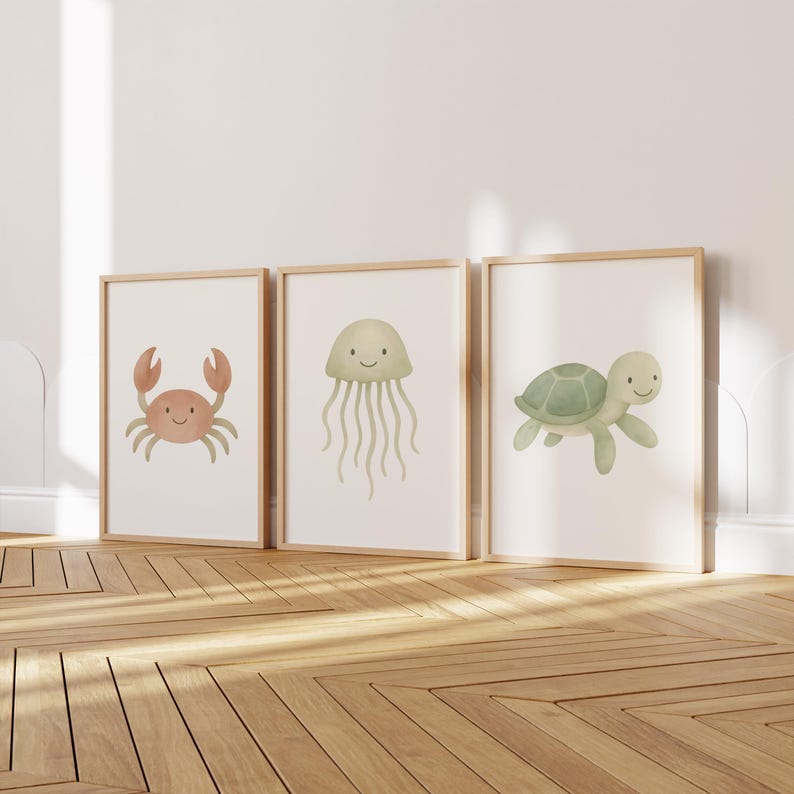 Ocean Animal Wall Art Set of 6 Prints – Cute Sea Creature Nursery Decor ...