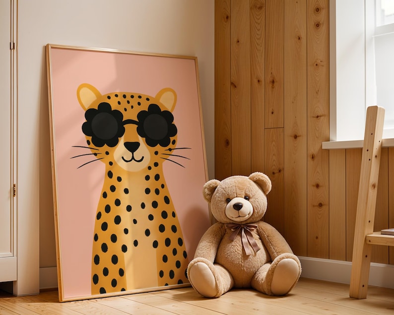 Rustic nursery decor with leopard wall art - spotted cheetah print in wooden frame perfect for cabin nursery, farmhouse kids room decor, natural wood paneling children's bedroom with safari animal poster, cozy nursery wall art with teddy bear, rustic baby room styling, country cottage kids decor, wooden nursery furniture with animal themed art, warm natural nursery design, lodge style children's room poster, vintage inspired nursery prints, rustic animal wall decor, farmhouse baby room art.