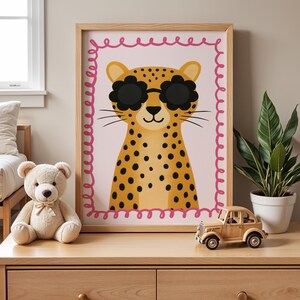 Adorable cheetah print with flower sunglasses - perfect birthday gift for little girls, Christmas present idea baby girl, holiday gift for toddler daughter, cute animal wall art gift, pink nursery decor present, first birthday gift girl, baby shower present, Valentine's gift for kids, Easter gift idea girls, newborn baby girl gift, wooden frame children's art present, pink leopard poster gift, girly animal lover present, sweet birthday party gift, Christmas stocking filler girls.