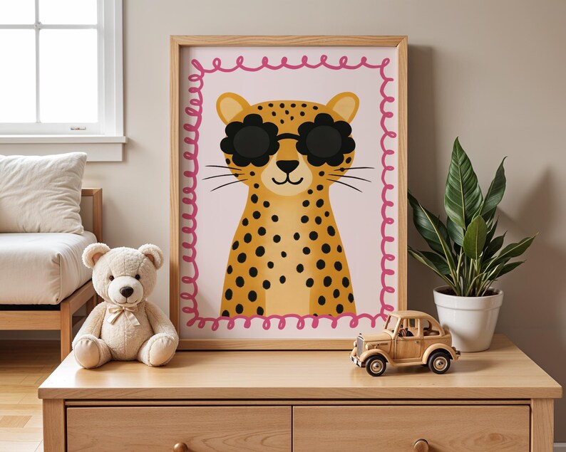 Adorable cheetah print with flower sunglasses - perfect birthday gift for little girls, Christmas present idea baby girl, holiday gift for toddler daughter, cute animal wall art gift, pink nursery decor present, first birthday gift girl, baby shower present, Valentine's gift for kids, Easter gift idea girls, newborn baby girl gift, wooden frame children's art present, pink leopard poster gift, girly animal lover present, sweet birthday party gift, Christmas stocking filler girls.