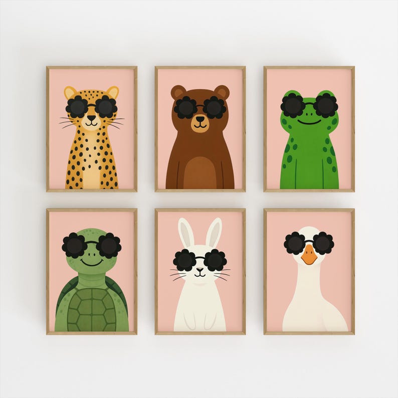 Animal nursery gallery wall art set - 6 piece cool animals with sunglasses collection, leopard bear frog turtle bunny goose prints for kids room, safari jungle nursery wall decor bundle, wooden framed children's animal poster set, pink background nursery art collection, modern animal themed gallery wall for toddler bedroom, trendy kids room decor set, baby nursery wall art bundle, contemporary children's animal illustrations, matching nursery prints set, playroom wall decor collection.