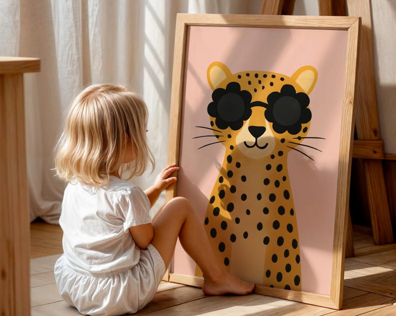Child with leopard nursery wall art - cute spotted cheetah print for kids bedroom decor, large framed animal poster perfect for toddler room, safari themed nursery artwork with sunglasses, wooden frame children's wall decor, playful jungle animal illustration, modern kids room art print, gender neutral nursery decor, oversized animal poster for playroom, Scandinavian style children's art, baby nursery wall hanging, contemporary animal themed decor, kids safari bedroom art.