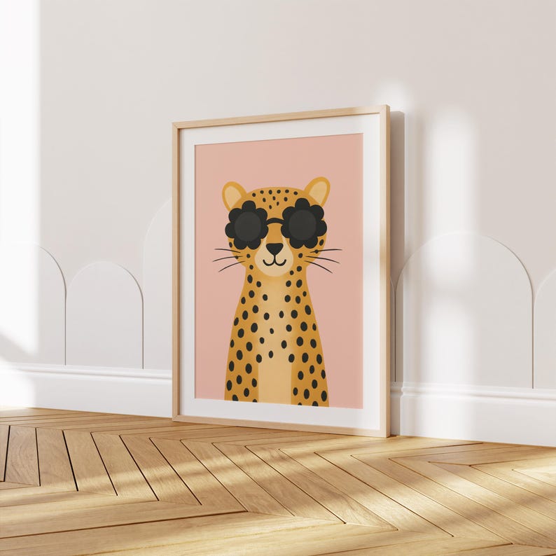 Safari nursery wall art print - cool leopard with sunglasses kids room decor, boho animal poster for baby nursery, trendy spotted cat illustration, modern children's wall decor, pink background nursery art, wooden frame kids bedroom print, wild animal themed nursery decor, stylish baby room artwork, contemporary jungle animal wall art, leopard nursery print, kids safari decor, animal lover gift, nursery gallery wall art, bohemian children's room poster, cute cat print for playroom.