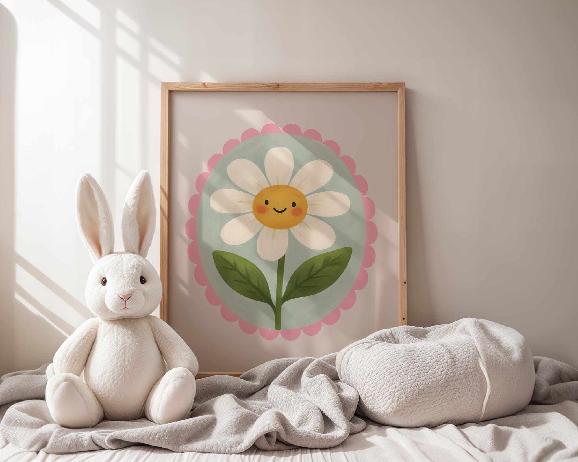 Cute Smiling Daisy Flower Nursery Wall Art Print, Whimsical Floral ...