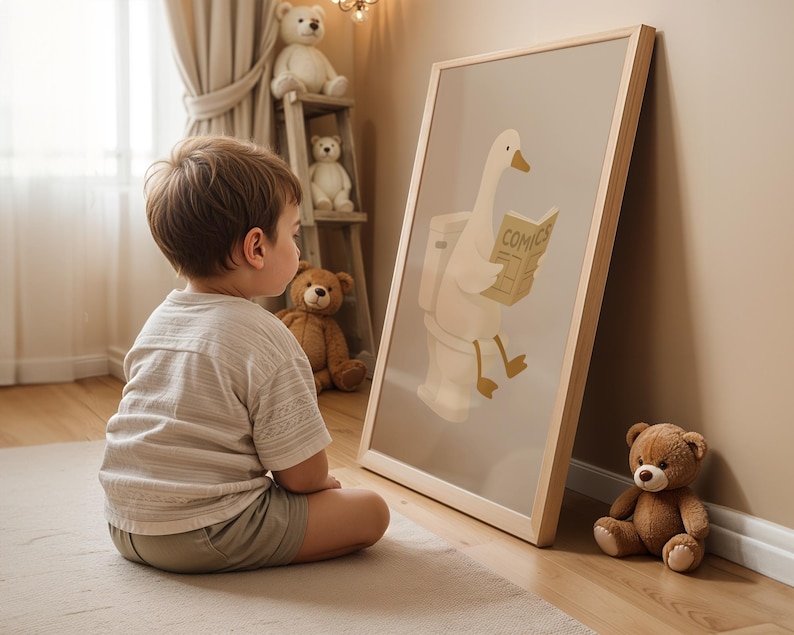 Kids bathroom wall art print, funny duck reading on toilet poster, children's bathroom decor, potty training encouragement art, toddler bathroom wall hanging, playful animal illustration for kids, nursery bathroom sign, cute duck comics print, child friendly bathroom humor, educational toilet art, preschool bathroom decor, gender neutral kids art, warm neutral children's print, Montessori bathroom poster, positive potty training decor, Scandinavian kids room art, gentle humor kid's illustration.