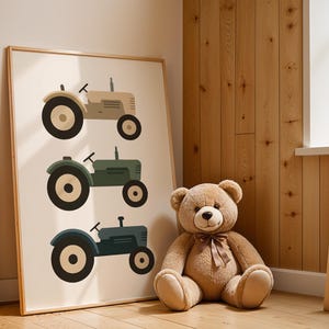 Vintage tractor art print leaning against pine wood wall in rustic kids room with teddy bear, farm themed toddler boy nursery decor, three tractors in neutral tan olive teal tones, natural wooden cabin style children's bedroom aesthetic, farmhouse playroom decoration with warm sunlight, minimalist vehicle illustration in oak frame, country cottage kids space inspiration, charming transportation artwork for little farmers, cozy scandinavian wooden nursery design, earth tone tractor poster.